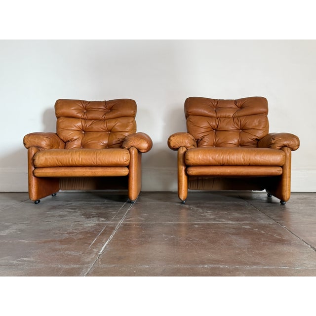1970’s Tobia Scarpa “Coronado” Leather Lounge Chairs in good vintage condition with beautiful patina. One repair in the...