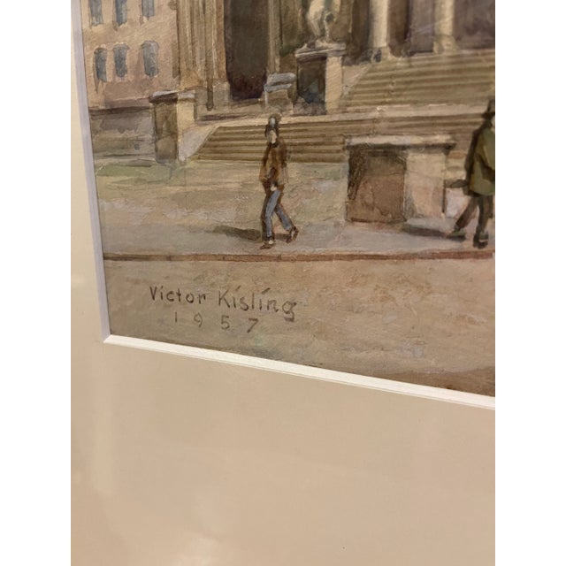 Original watercolor painting by artist Victor Kisling, dated 1957, depicting people outside of Karlskirche St. Charles...