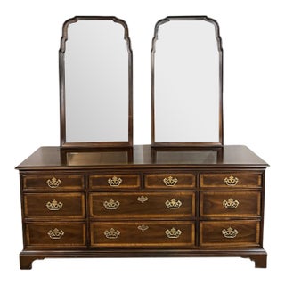 Drexel 18th Century Collection Banded Dresser With Dual Mirrors For Sale