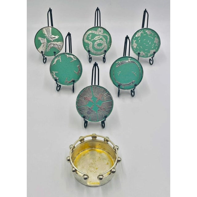 1980s Set of 6 Porcelain & Pure Silver Drink Coasters & Holder by Emilia Castillo For Sale - Image 11 of 18