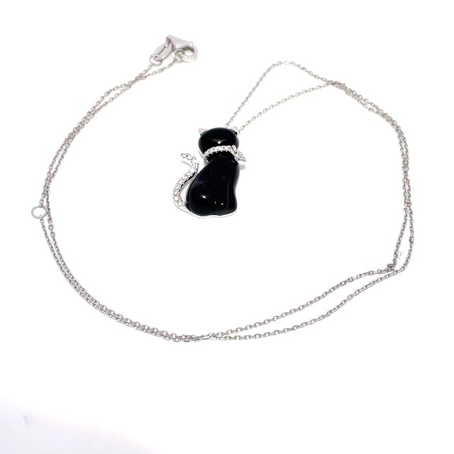 14k White Gold Black Onyx & Diamond Cat Pendant Necklace For Sale - Image 9 of 9