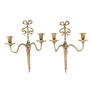 Antique Neoclassical Style French Brass Bow Candle Sconces - a Pair For Sale