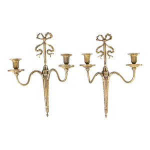 Antique Neoclassical Style French Brass Bow Candle Sconces - a Pair