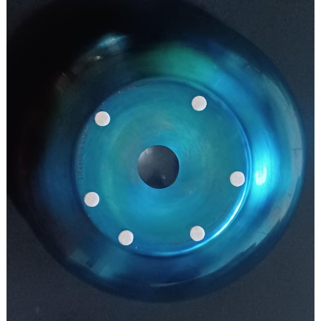 Antique Steuben Blue Aurene Iridescent Peacock Teal Glass 9.25" Squat Centerpiece Bowl For Sale - Image 11 of 12