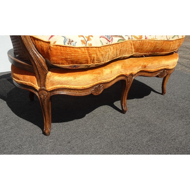 Antique French Louis XV Style Cane Settee Loveseat W Down & Orange Floral Fabric For Sale - Image 13 of 17