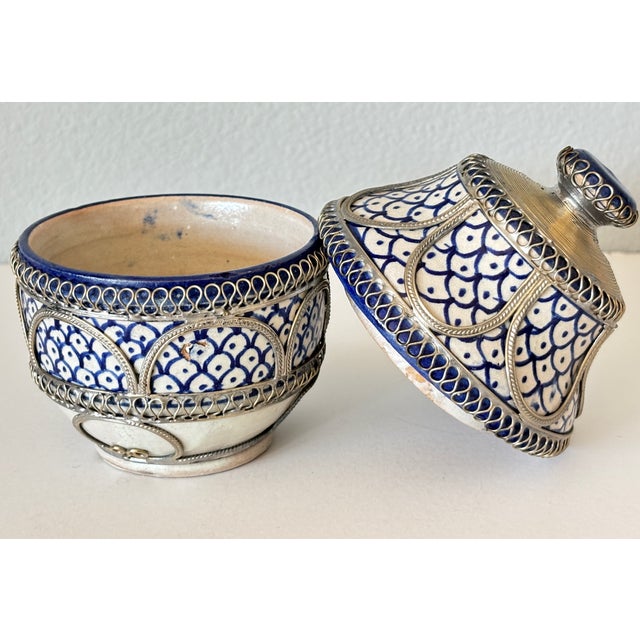 Moroccan Vintage Moroccan Fez Pottery Lidded Jobbana Jar With Silver Filigree Circa 1980 For Sale - Image 3 of 12