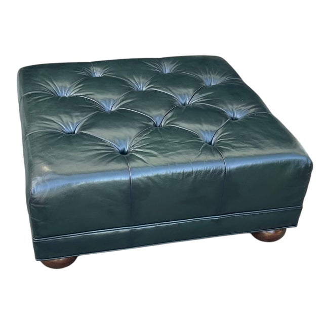 1960s Vintage Deep Green Tufted Leather Ottoman For Sale - Image 5 of 11