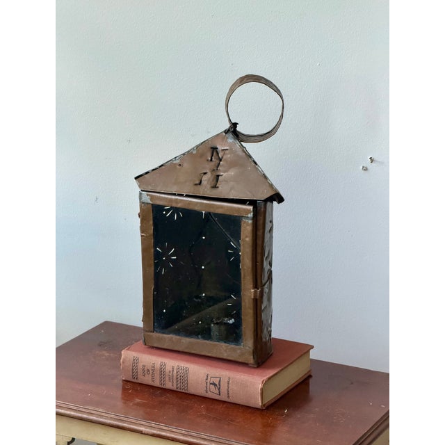 Antique Handcrafted Punched Tin & Copper Lantern | Folk Art Candle Lantern With Original Glass Door For Sale - Image 10 of 10