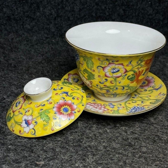 Vintage Chinese Yellow Ground Famille Rose Gaiwan Tea Set With Dragon Motif For Sale - Image 9 of 9