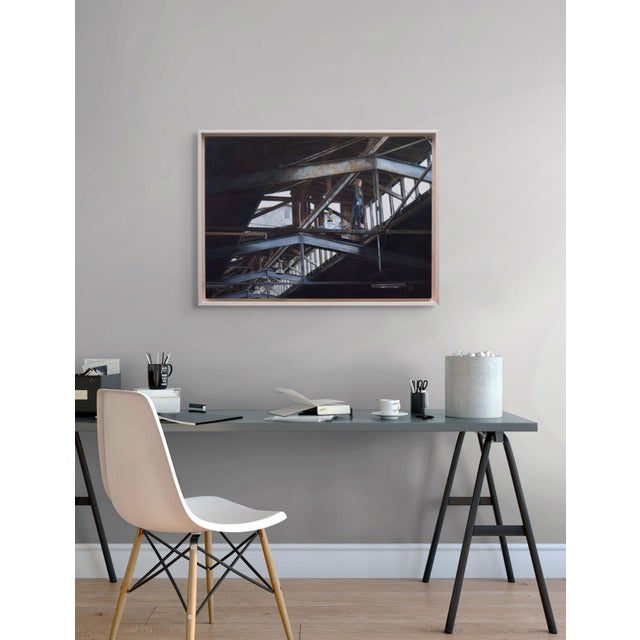 Seeking Solace by Linda Delahaye | Oil on panel Woman standing in an industrial building interior. For Sale - Image 4 of 5