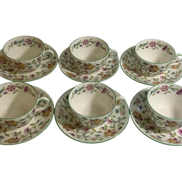 1940s Vintage Minton Haddon Hall Flat Cup & Saucer Set of 6 Fine Bone China Green Trim - 12 pcs For Sale - Image 5 of 5