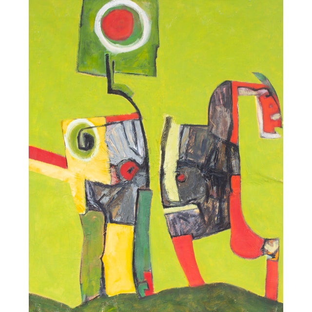 An oil on canvas painting by James L. Bruch (1942-2023). This abstract work has a lime green background punctuated with...