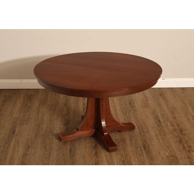 High Quality American Made Solid Oak Wood Extendable Round Top Pedestal Table, Includes One Leaf, 32 Onondaga Finish