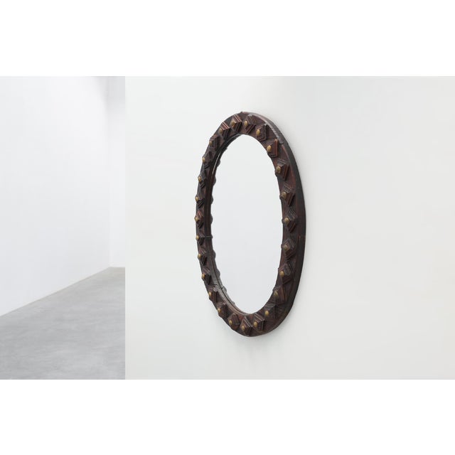 Spanish Brutalist Oval Mirror in Hand-Carved Wood with Brass Studs, 1950s For Sale - Image 4 of 12