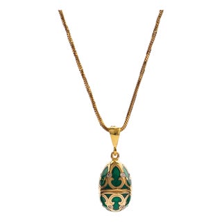 Lucky Clover Green Enamel Egg Gold Necklace For Sale