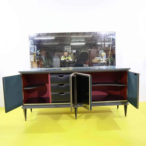 Wood Credenza with Mirror and Black Glass Doors For Sale - Image 7 of 18