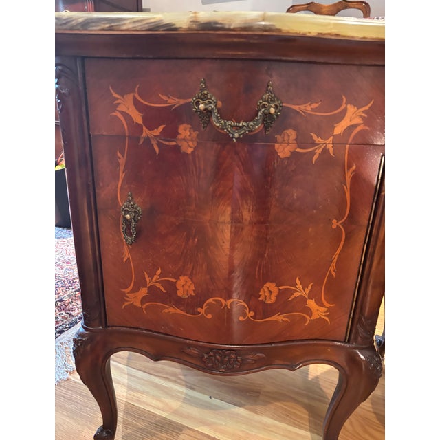 These are two matching bedside tables with green onyx or marble tops. Louis XV / transitional French provincial style....