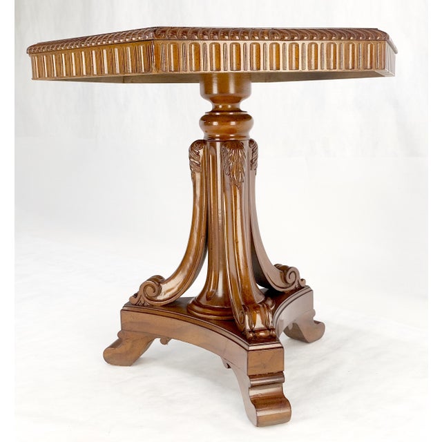 Fine Hexagon Burl Wood Top Tripod Carved Scroll Base Rope Edge Center Table MINT For Sale - Image 6 of 17
