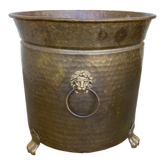Large Antique Brass Jardinière With Lion Motifs and Ring Handles For Sale