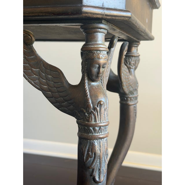 Hollywood Regency Vintage Egyptian Revival Leather Top Console Table Desk With Winged Woman Caryatid Sphinx Base For Sale - Image 3 of 11