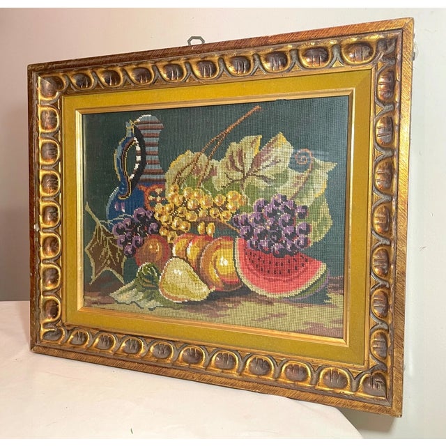 Vintage Original Hand Embroidered Still Life Fruit Sewn Needlepoint Art Sampler For Sale - Image 11 of 11