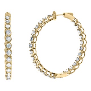 14K Yellow Gold 7.0 Cttw Round Brilliant Cut Diamond 1-¾ Inside Out Hinged Leverback Hoop Earrings (I-J Color, I1-I2 Clarity) For Sale