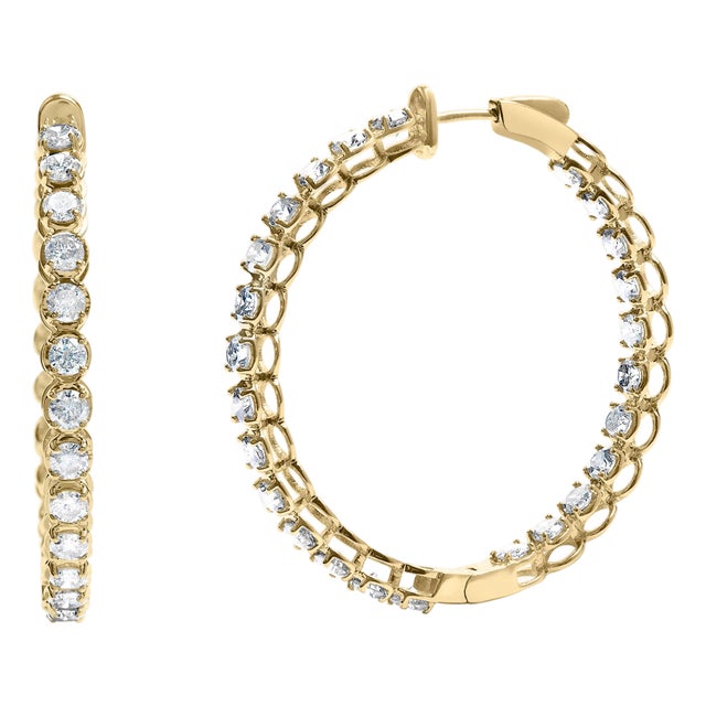 14K Yellow Gold 7.0 Cttw Round Brilliant Cut Diamond 1-¾ Inside Out Hinged Leverback Hoop Earrings (I-J Color, I1-I2 Clarity) For Sale
