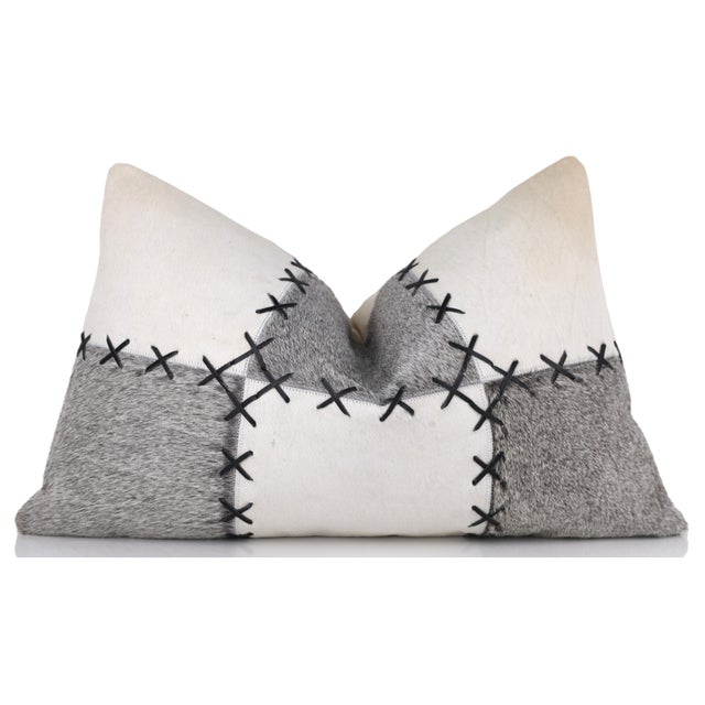 Farmhouse Luxury White & Gray Genuine Cowhide Leather Patchwork Throw Pillow 16x24 | Handmade Designer Lumbar Cushion For Sale - Image 3 of 9