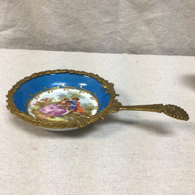 French Vintage Sevres France Gold Gilt Brass and Porcelain Handled Dresser Tray For Sale - Image 3 of 12