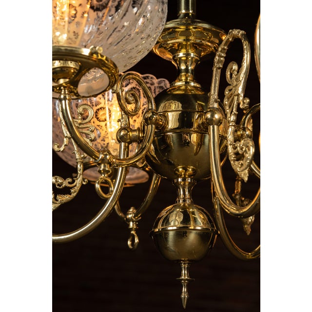 Metal Vintage Brass Chandelier With Etched Glass Shades For Sale - Image 7 of 9
