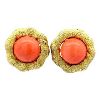 1980s Orange Coral 14k Yellow Gold Vintage Clip Earrings, A Pair For Sale