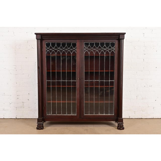 R. J. Horner Style Antique American Empire Carved Mahogany Leaded Glass Front Double Bookcase Cabinet, Circa 1890s For Sale - Image 11 of 11