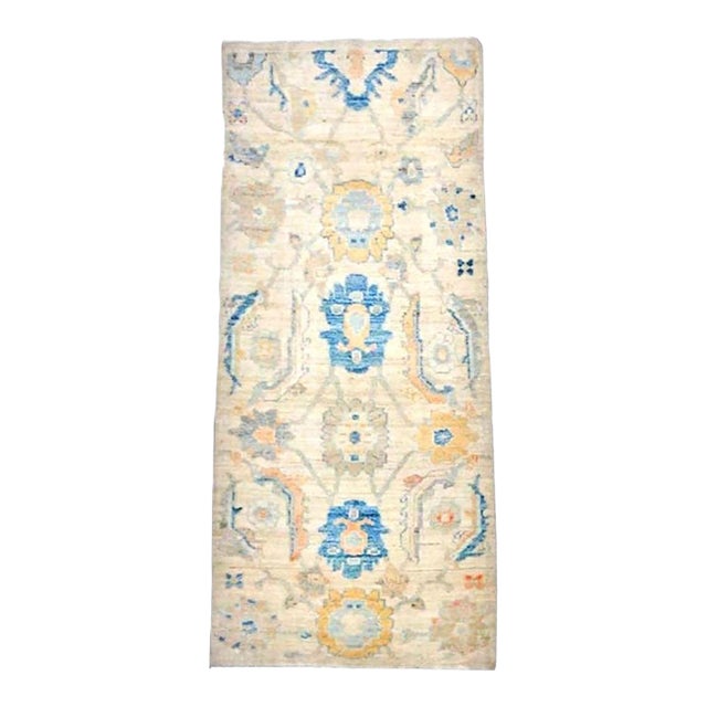 21st Century Turkish Oushak Wool 3x6 Ivory, Yellow & Blue Handmade Runner Rug #1144167 For Sale