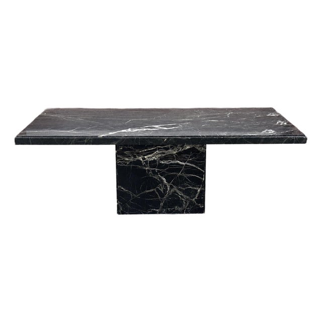 Late 20th Century Postmodern Italian Verde Marble Dining Table With Rectangular Slab Top and Block Base For Sale