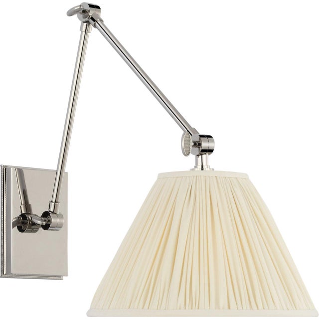 Marie Flanigan for Visual Comfort Signature Wimberley Double Library Wall Light in Polished Nickel with Silk Pleated Shade For Sale