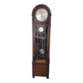 Vintage 1930s Antique Oak Chiming Longcase Barometer Clock For Sale
