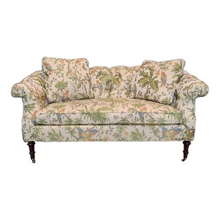Southwood Mahogany Settee Sofa on Casters Designer Chintz Tufted Upholstery For Sale