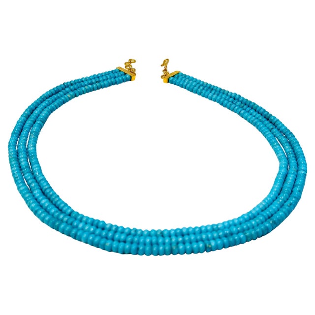 Modern 345 Carat Natural Sleeping Beauty Turquoise Necklace, Four Strand 14 Karat Gold For Sale - Image 3 of 8