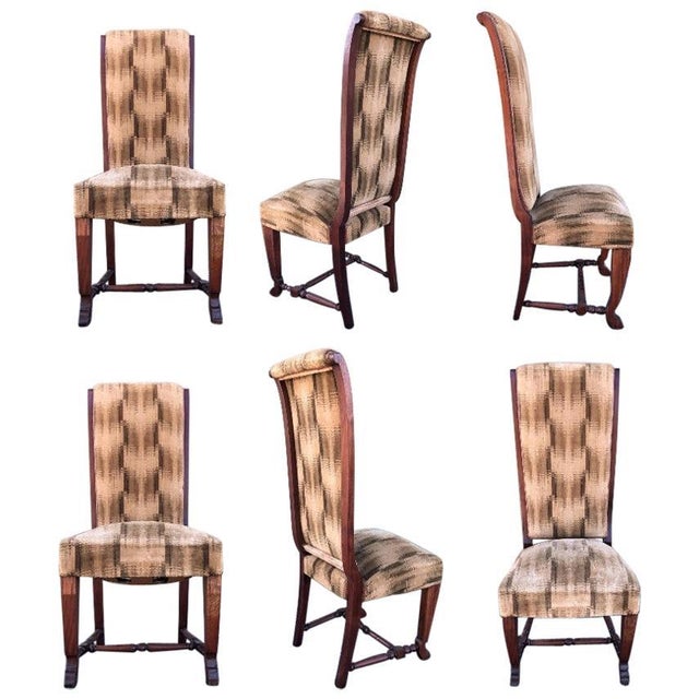 Wood 20th Century Set of Six Deco Dark Walnut Refinished Tall Back Dining Chairs For Sale - Image 7 of 18