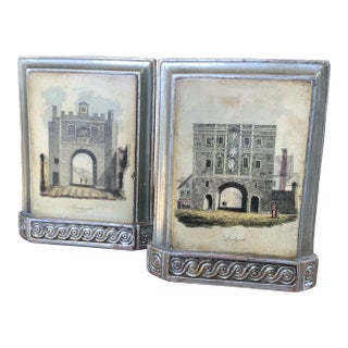 Scully & Scully-Style Vintage Borghese Italian Leather Hand Painted Bookends Featuring London Gates For Sale