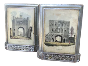 Scully & Scully-Style Vintage Borghese Italian Leather Hand Painted Bookends Featuring London Gates