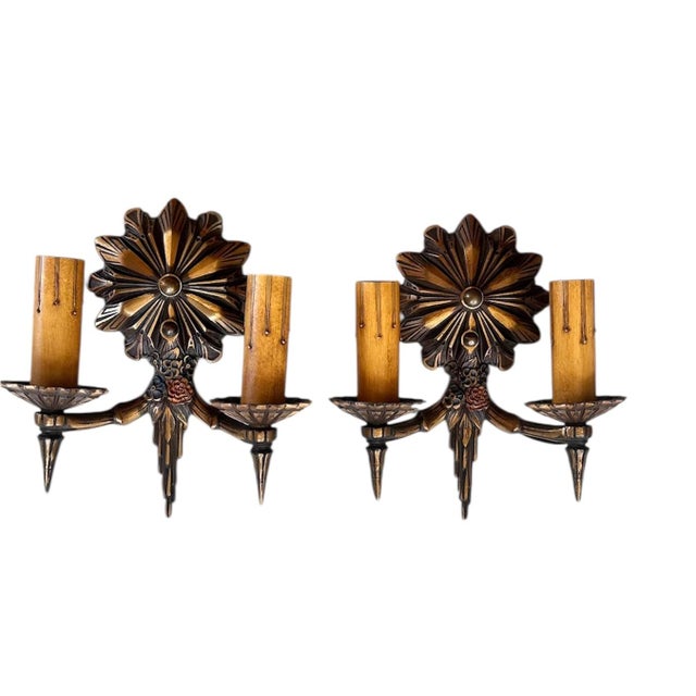 Metal Bronze Double Candle Starburst Wall Sconces in Original Patina, Circa 1920 - Set of 2 For Sale - Image 7 of 7