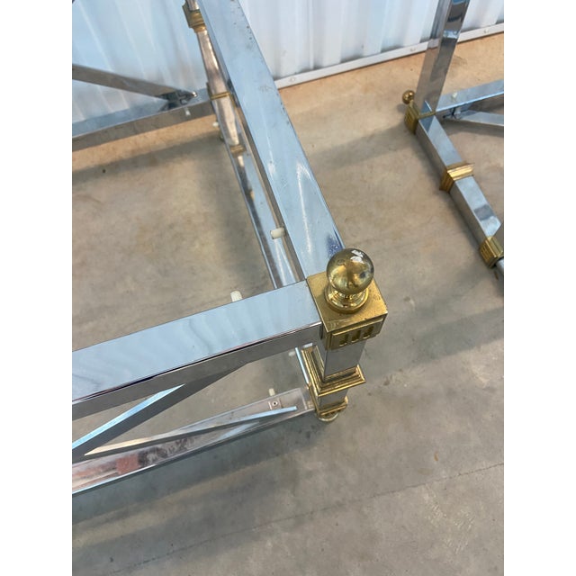 Chrome and Brass Two-Tiered Glass Top End Tables in the Style of Maison Jansen, a Pair For Sale - Image 6 of 11