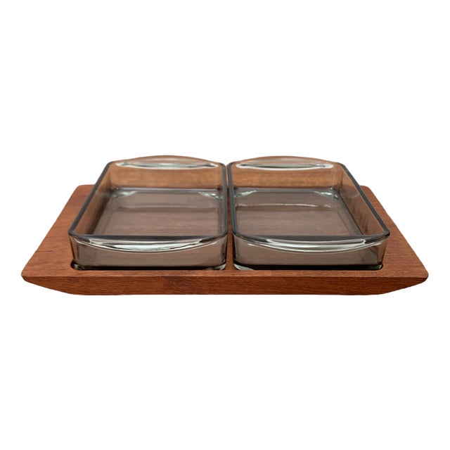 Mid-Century Danish Teak Tray from Artiform with Cabaret Glass Trays from Holmegaard, 1960s, Set of 3 For Sale