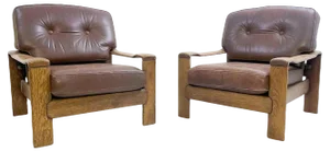 Set of Mid-Century Modern Armchairs in Leather and Oak, 1960s