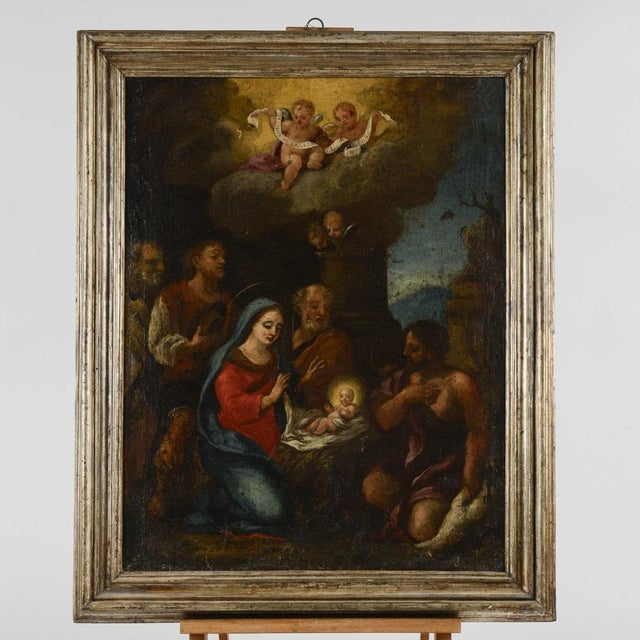 Oil painting on canvas from the 16th century depicting the nativity, with a frame from the 18th century. Work restored and...
