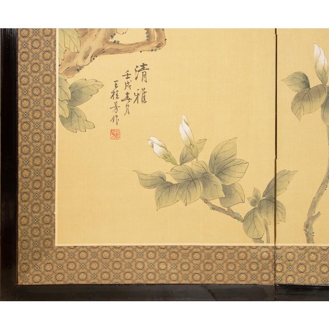 C. 1980s Maitland Smith, Painted Folding Screen "Magnolia and Sparrows" For Sale - Image 14 of 18