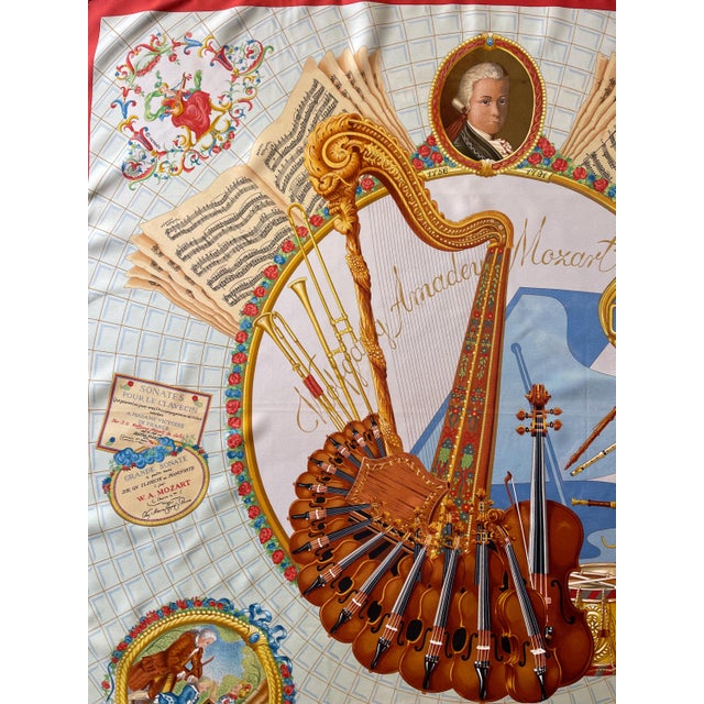 Red HERMÈS MOZART 1991 Silk Scarf designed by Abadie Julie For Sale - Image 8 of 13