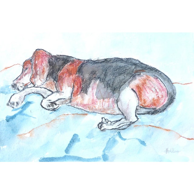 "Sleeping Beagle on Blue" Contemporary Abstract Dog Watercolor, Ink and Pastel Drawing on Paper by Martha Holden For Sale In Los Angeles - Image 6 of 7