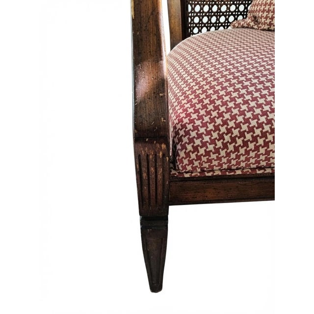 Red Vintage Cane Back Armchair – Red & White Houndstooth Upholstery – Classic Wood Frame – Mid‑Century Inspired Accent Chair. For Sale - Image 8 of 8